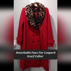 UNUSED New York & Company Red Detachable Leopard Collar Scarf Coat Size XXL